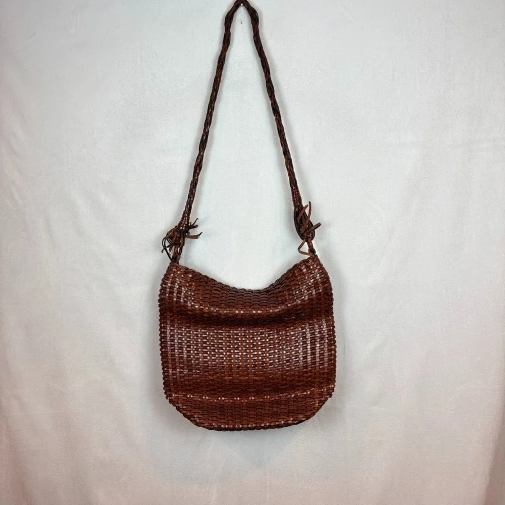 VTG BONANI Basket Weave Leather Crossbody Shoulder Bag‎ Purse Boho Unique